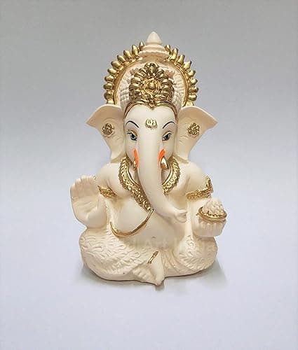 Gold Art India Peach Ivory Finish Ganesha Idol Car Dashboard IdolGanesha Murti Ganpati Idol for Home Decor Puja Lord Ganesh Statue Gift for Office Desk Puja Room Figurine 3.3" inches
